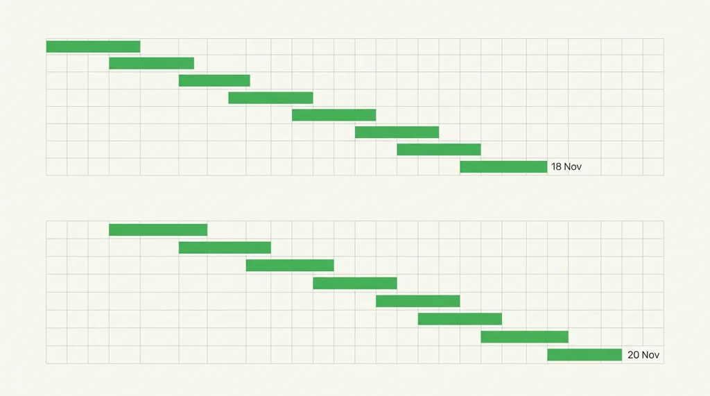 Step 7: the same project after task 1 runs 2 days late, with the finish date moved from 18 to 20 November