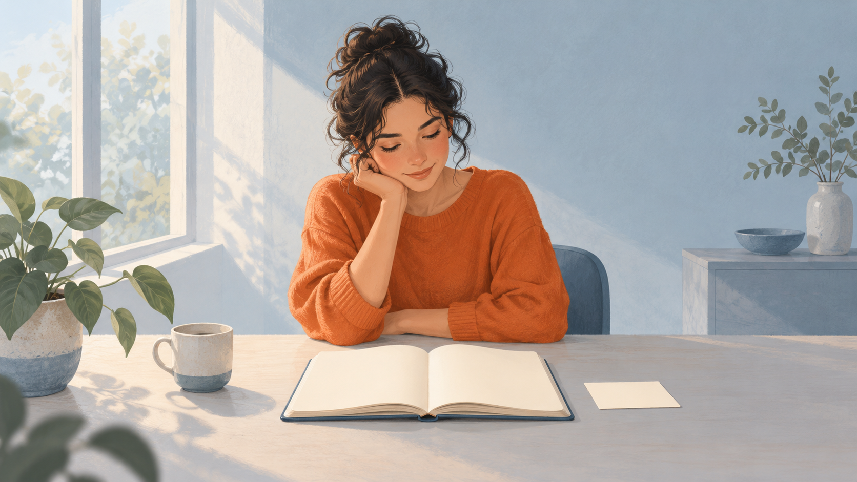 An editorial illustration of a person at a desk with one open notebook and a small blank action card.