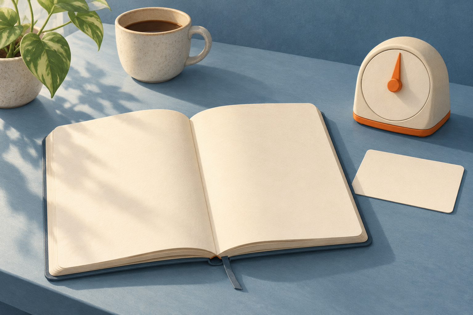 Editorial illustration of a calm desk with a short timer, an open notebook, and one action card