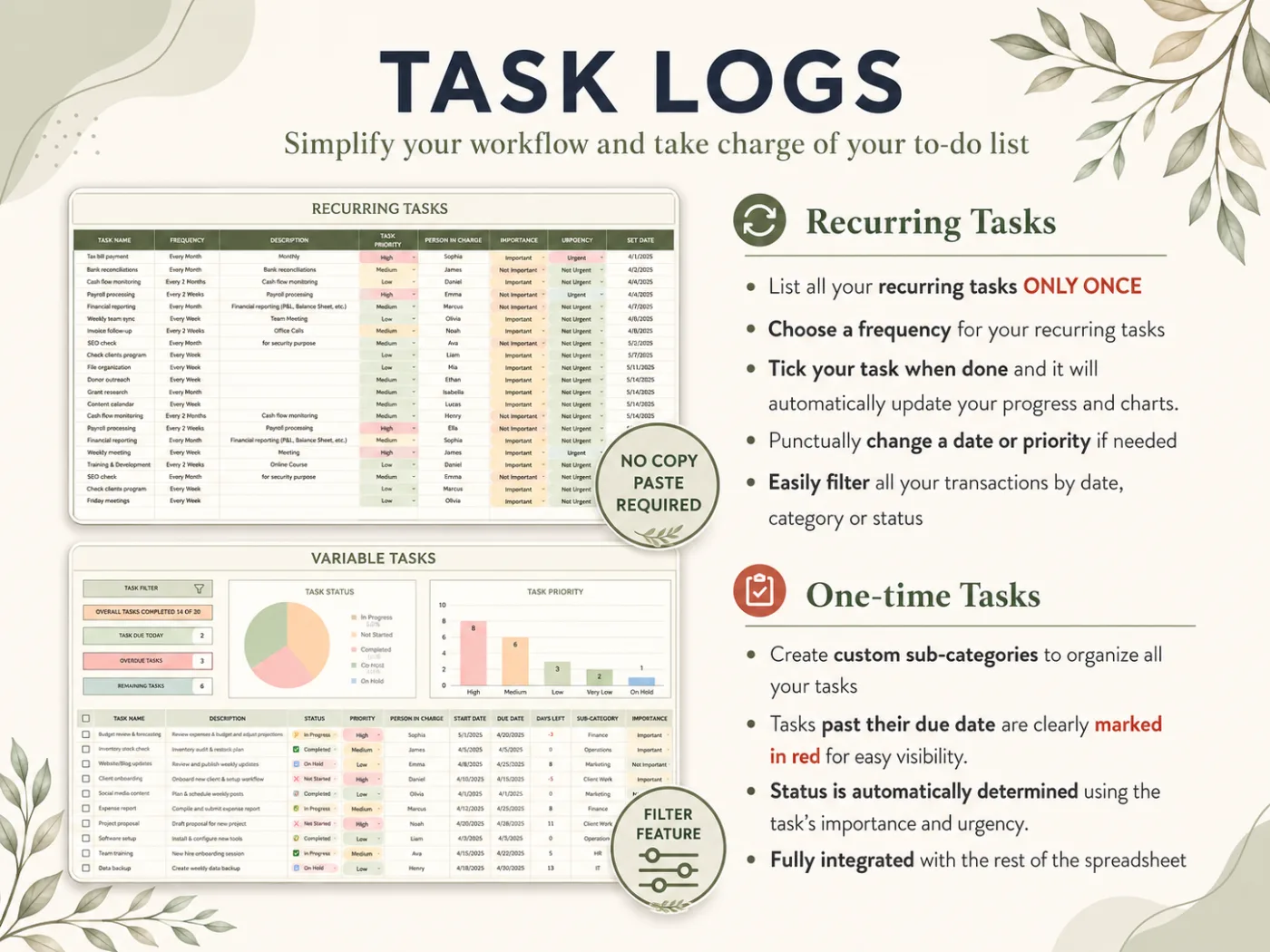 All-in-One Task Tracker task logs: the Recurring Tasks tab with a frequency for each task, and the Variable Tasks tab with status, priority, due date and days left