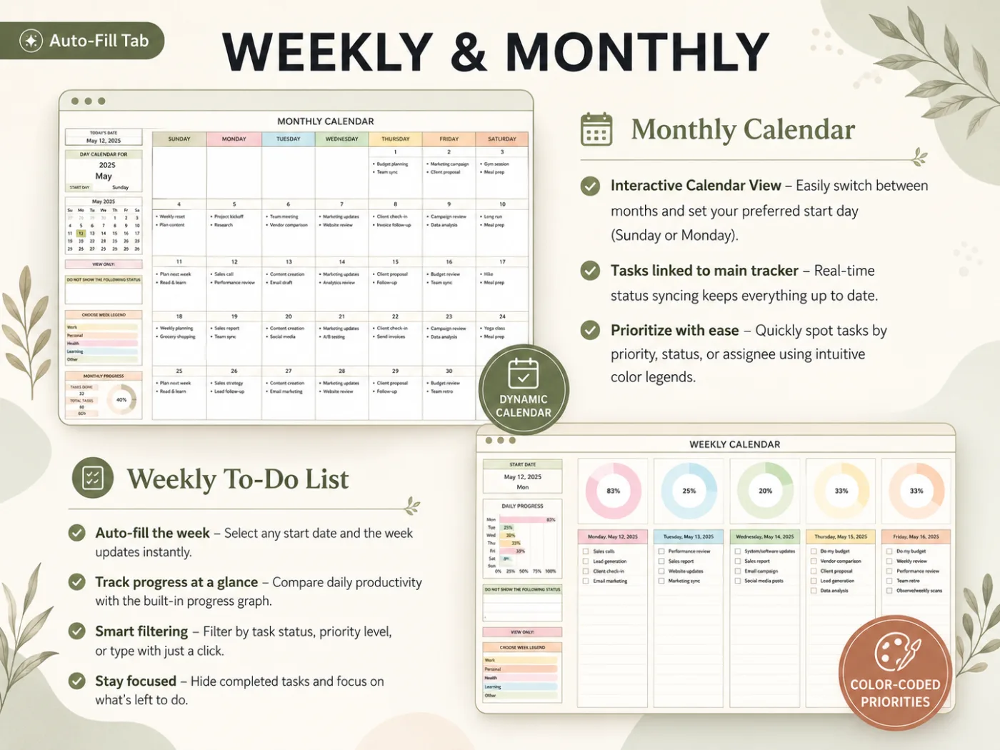 Weekly and monthly calendar views filled from the task list, with daily progress rings and color-coded categories